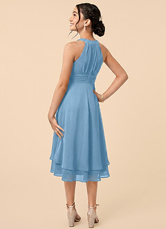 Azazie Linna Junior Steel Blue A-Line Pleated Chiffon Dress image4