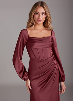 Azazie Charissa Jurken voor bruidsmeisjes Jurk van Stretch Satijn met Kolom Lange mouw Merlot image7