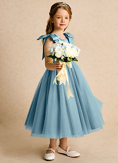 Azazie Serene Abiti da Ragazza di Fiori Abito Principessa in Raso Opaco Fiocco Blu Lunatico image5