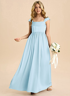 Azazie Hattie Junior Sky Blue A-Line Pleated Stretch Satin Dress image4