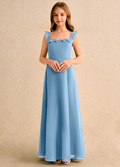 Azazie Chip Girls Formal Abiti da Ragazza di Fiori Abito A-Line in Chiffon Senza Maniche Blu Acciaio image4
