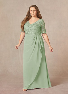 Azazie Amedeus vestidos de madre de la novia Vestido de Salvia Polvorienta de Gasa de Corte En A con Encaje cuello pico image3
