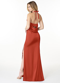 Azazie Myla Bridesmaid Dresses Rust Sheath Cowl Keyhole Stretch Satin Dress image2