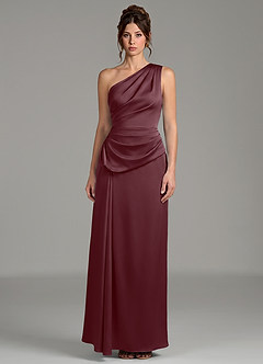 Azazie Zahira Robes de demoiselle d'honneur Robe Fourreau en Satin extensible Une épaule Sangria image3