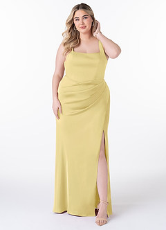 Azazie Mero Bridesmaid Dresses Lemon Sorbet Sheath Pleated Stretch Satin Dress image6