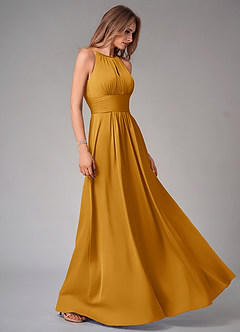 Azazie Bonnie Bridesmaid Dresses Butterscotch A-Line Pleated Stretch Satin Dress image4