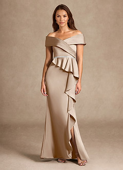 Azazie Dareia Mère de la mariée Robes Robe Sirène en Satin extensible Épaule décolletée Taupe image3