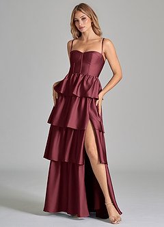 Azazie Faye Bridesmaid Dresses Merlot A-Line Ruched Stretch Satin Dress image8