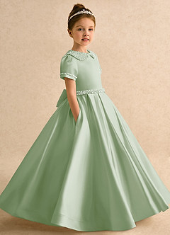 Azazie Gabriella Blumenmädchenkleider Ballkleid mit ärmel Matte Satin Kleid Staubiger Salbeigrün image3