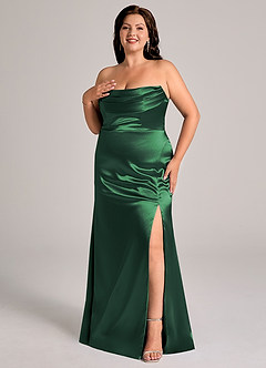 Azazie Saige Bridesmaid Dresses Dark Green Sheath Off the Shoulder Metallic Satin Convertible Dress image12