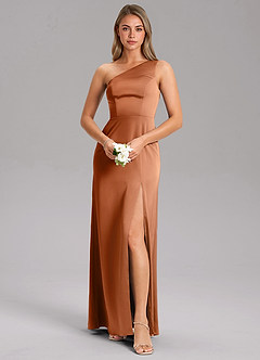 Azazie Feby Robes de demoiselle d'honneur Robe Trapèze en Satin extensible Ue épaule Cuivre image1