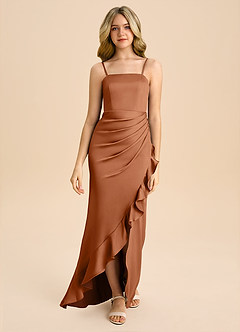 Azazie Buzzy Junior Copper Sheath Pleated Stretch Satin Dress image4