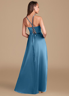 Azazie Maksim Final Sale Steel Blue A-Line Metallic Satin Dress image5