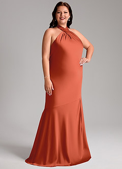 Azazie Lorena Bridesmaid Dresses Rust Mermaid Pleated Stretch Satin Dress image10