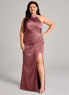 Azazie Jemma At-home Try On Dresses Amethyst Sheath Pleated Stretch Satin Dress image10