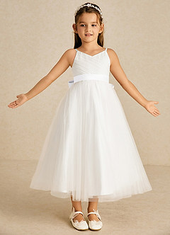 Azazie Lea Flower Girl Dresses White A-Line Spaghetti Strap Tulle Dress image2