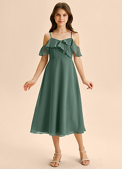 Azazie Kamilla Junior Abito A-Line in Chiffon a Spalla Scoperta Muschio Marino image6