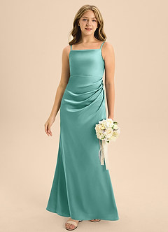 Azazie Renna Junior A-Linie Plissee Stretch-Satin Kleid Aqua image5