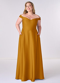 Barbie ♥ Azazie Robes de demoiselle d'honneur Robe Trapèze Convertible en Satin extensible Épaule décolletée Caramel écossais image6