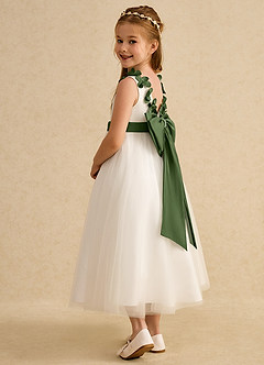 Azazie Lilli Blumenmädchenkleider A-Linie Schleifen Tüll Kleid Elfenbein Olivgrün image4