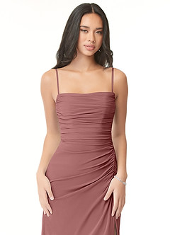 Azazie Darria Vestidos de damas de honor Vestido de Rosa Del Desierto de Chifón elástico de Corte Recto Convertible con Escote Cuadrado Plisado image5