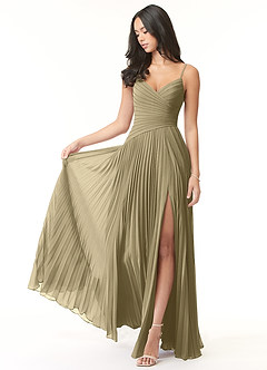 Azazie Vini Vestidos de damas de honor Vestido de Musgo Verde de Gasa de Corte en A con Cuello en V Plisado image1