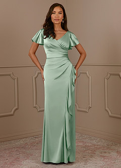 Azazie Roya Mother of the Bride Dresses Agave Mermaid V-Neck Pleated Stretch Satin Dress image2