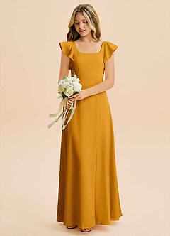 Azazie Bondi Junior Vestido Caramelo de Cetim elástico de Linha A com Fenda Lateral image5