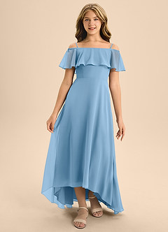 Azazie Maggie Junior Vestido de Azul Acero de Gasa de Corte En A con Vestidos sin tirantes image5
