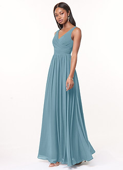 Azazie Keyla Bridesmaid Dresses Moody Blue A-Line V-Neck Pleated Chiffon Dress image2