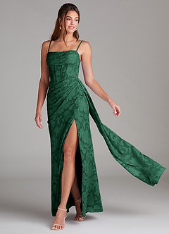 Azazie Denisa Bridesmaid Dresses Dark Green Sheath Pleated Floral Burnout Dress image1