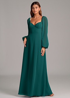 Azazie Annistyn Bridesmaid Dresses Peacock A-Line Long Sleeve Chiffon Dress image4