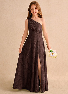 Azazie Pudles Girls Formal Flower Girl Dresses Ganache A-Line One Shoulder Floral Burnout Dress image1