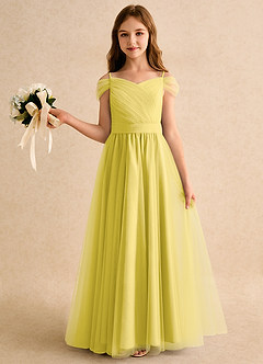 Azazie Yuna Girls Formal Abiti da Ragazza di Fiori Abito A-Line in Tulle Spalle Scoperte Canarino image3