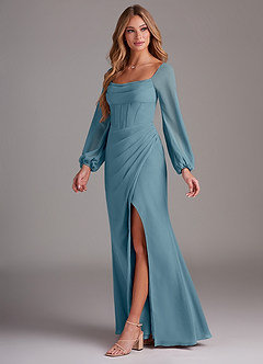 Azazie Charissa Bridesmaid Dresses Moody Blue Sheath Long Sleeve Chiffon Dress image4