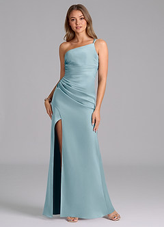 Azazie Eren Vestidos de damas de honor Vestido de Azul Malhumorado de Satén Elástico de Corte Sirena con Hombro unilateral image1