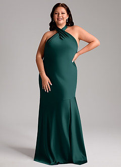 Azazie Lorena Robes de demoiselle d'honneur Robe Sirène en Satin extensible Plissée Vert Pin image7