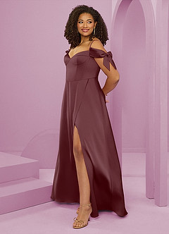 Barbie ♥ Azazie Bridesmaid Dresses Sangria A-Line Off the Shoulder Stretch Satin Dress image11