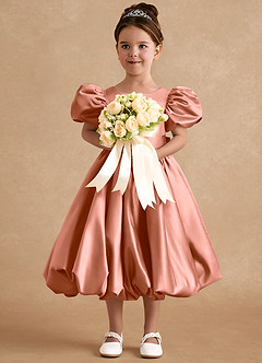 Azazie Jellybean Sukienki dla dziewczynek sypiących kwiaty Suknia balowa Marszczony Matowy satynowy Długość herbaty Sukienka image3