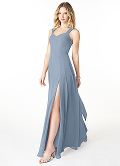 Azazie Julie Vestidos de damas de honor Vestido de Azul Polvoriento de Gasa de Corte en A con Escote de Corazón image3