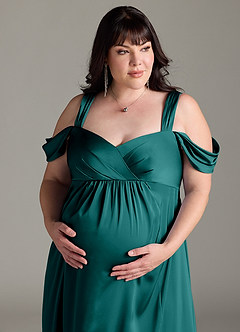 Azazie Rhea Robes de demoiselle d'honneur de maternité Robe Trapèze Épaule nue plissée Longueur ras du sol Satin extensible image12