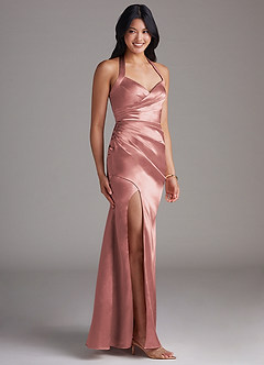 Azazie Emeria Vestidos de damas de honor Vestido de Rosa Polvorienta de Satén Metálico de Corte Recto con Corte Lateral image6