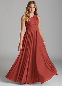 Azazie Charlize Junior Terracotta A-Line Mesh Dress image1