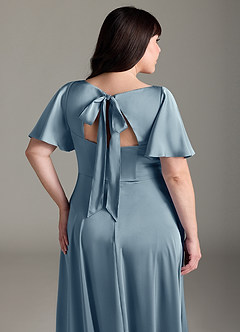 Azazie Kimber Robes de demoiselle d'honneur Robe Trapèze en Satin extensible Rayé Bleu Poussiéreux image6