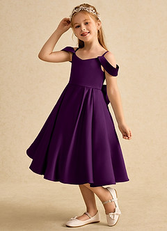 Azazie Favia Flower Girl Dresses Grape A-Line Off the Shoulder Matte Satin Dress image6