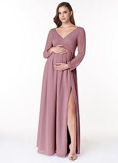 Azazie Teton Maternity Bridesmaid Dresses A-Line Long Sleeve Chiffon Floor-Length Dress image1