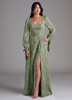 Azazie Leonia Bridesmaid Dresses Pistachio A-Line Long Sleeve Floral Burnout Dress image1