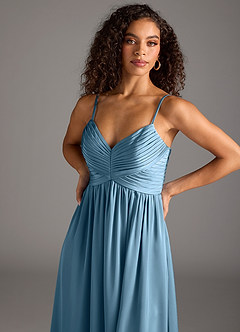 Azazie Alia Vestidos de damas de honor Vestido de Azul Acero de Satén Elástico de Corte en A con Plisado image3