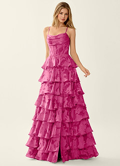 Wrenana Fuchsia Textured Floral Jacquard Prom Dress image3