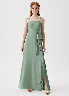 Azazie Kaylee Junior Robe Trapèze en Satin extensible avec ceinture Matcha image3